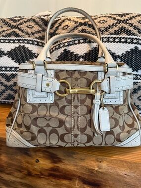 Coach Beige/Brown Signature Canvas Satchel with White Leather Trim